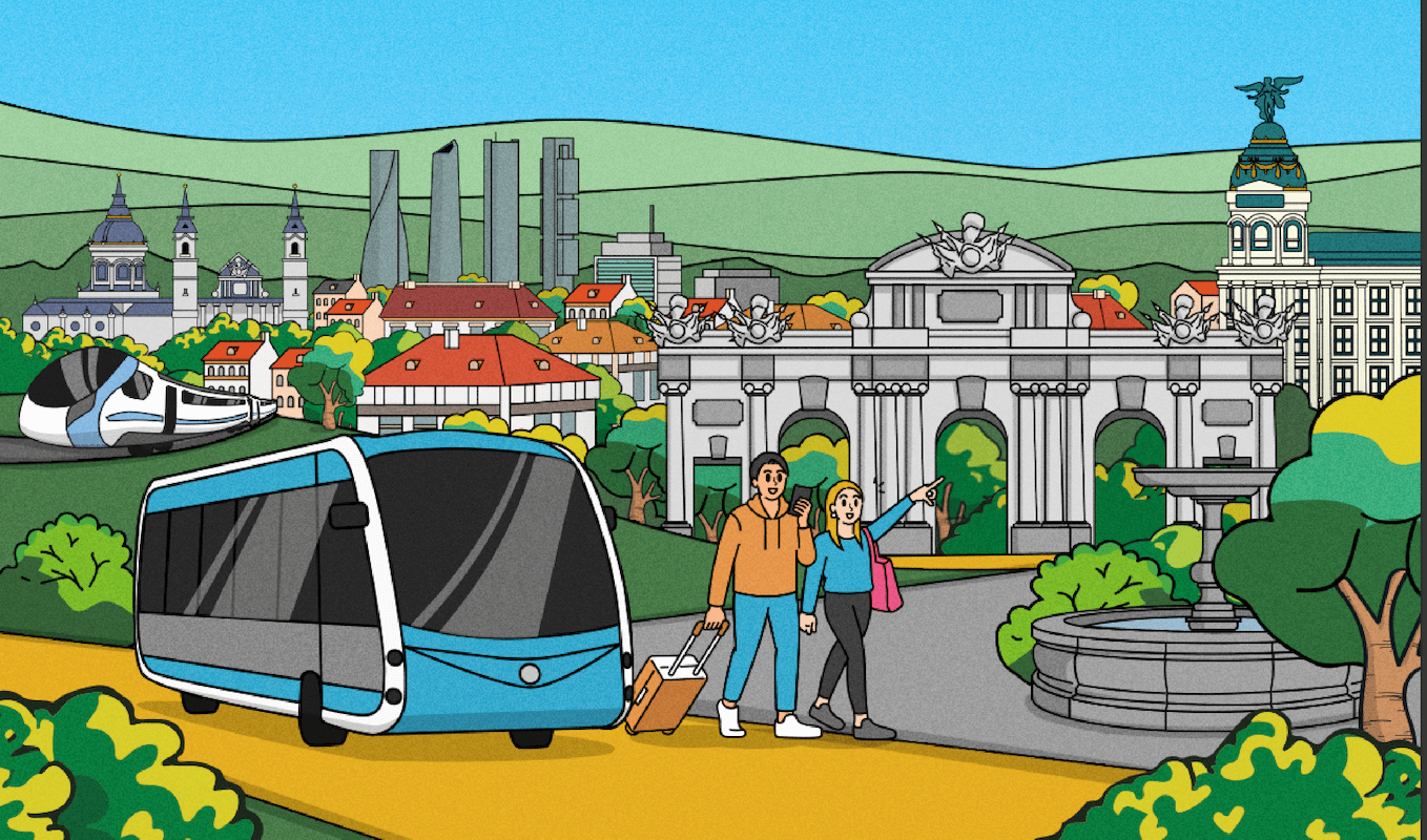 Ilustración colorida que muestra una ciudad con transporte público, incluidas torres y edificios icónicos de Madrid, junto con dos personas con maletas señalando hacia un destino.